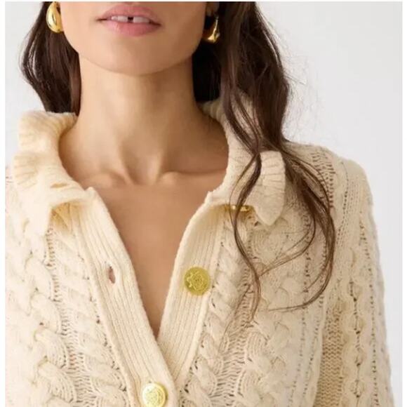 J. Crew Cable Knit Ruffleneck Cardigan Sweater Wool Butter Cream BV351 Medium - Picture 2 of 12